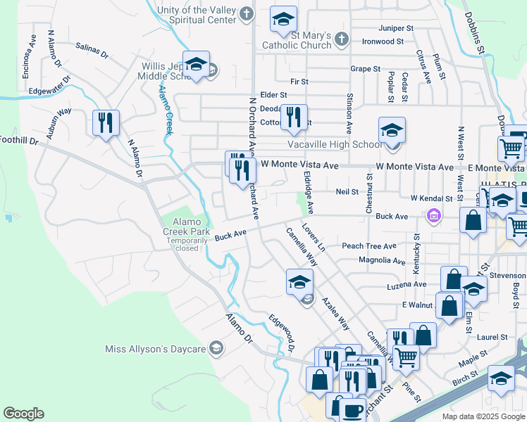 map of restaurants, bars, coffee shops, grocery stores, and more near 480 Buck Avenue in Vacaville