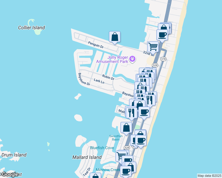 map of restaurants, bars, coffee shops, grocery stores, and more near 412 Bayshore Drive in Ocean City