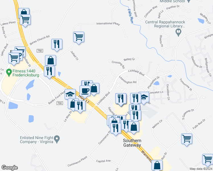 map of restaurants, bars, coffee shops, grocery stores, and more near 101 McKendree Court in Fredericksburg
