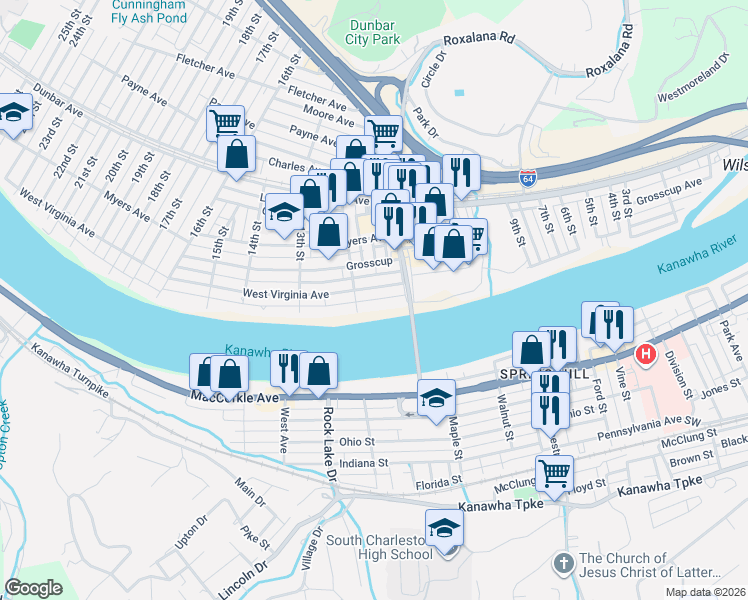 map of restaurants, bars, coffee shops, grocery stores, and more near Kanawha Avenue in Dunbar