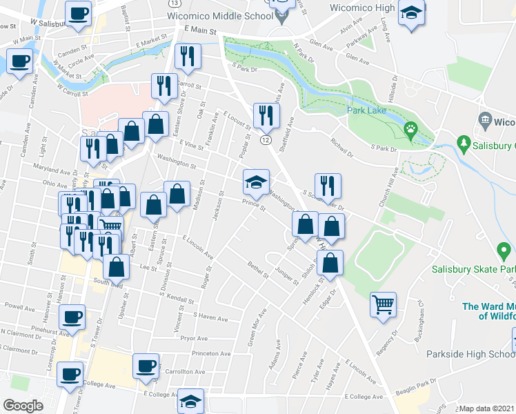 map of restaurants, bars, coffee shops, grocery stores, and more near 400 Prince Street in Salisbury