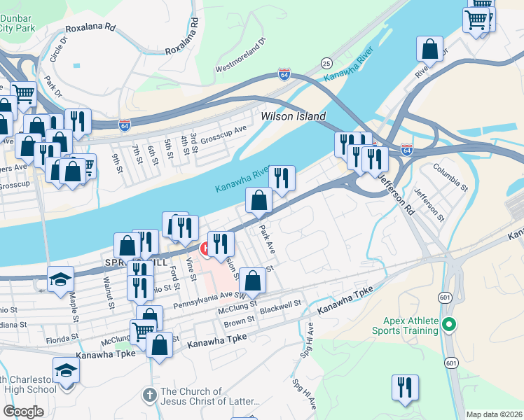map of restaurants, bars, coffee shops, grocery stores, and more near 4301 Maccorkle Avenue Southwest in Charleston
