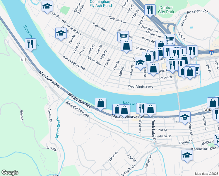 map of restaurants, bars, coffee shops, grocery stores, and more near 1516 Kanawha Avenue in Dunbar