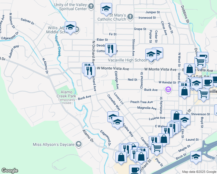map of restaurants, bars, coffee shops, grocery stores, and more near 412 Buck Avenue in Vacaville