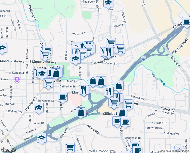 map of restaurants, bars, coffee shops, grocery stores, and more near 149 Silvey Acres Drive in Vacaville