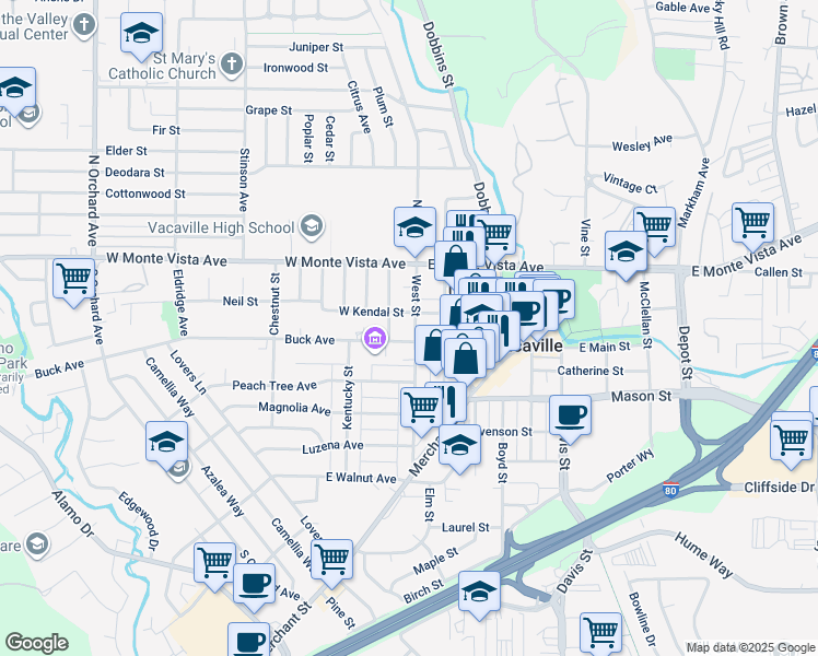 map of restaurants, bars, coffee shops, grocery stores, and more near 100 Main Street in Vacaville