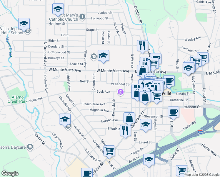 map of restaurants, bars, coffee shops, grocery stores, and more near 301 Buck Avenue in Vacaville