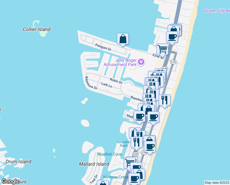 map of restaurants, bars, coffee shops, grocery stores, and more near 409 Bayshore Drive in Ocean City
