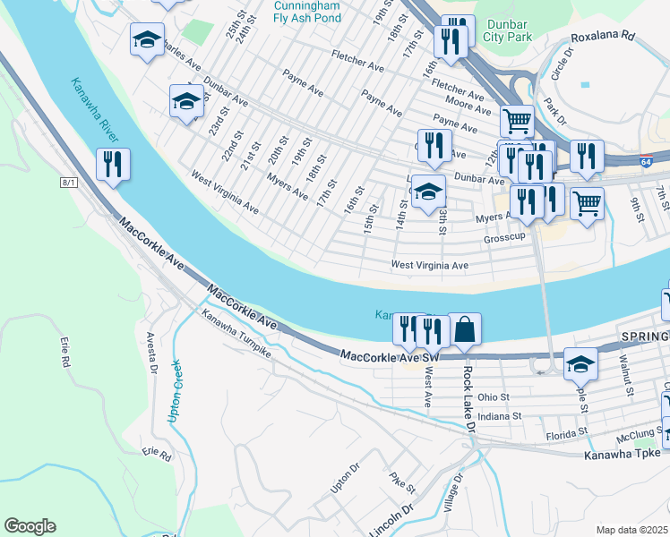 map of restaurants, bars, coffee shops, grocery stores, and more near 1516 Kanawha Avenue in Dunbar