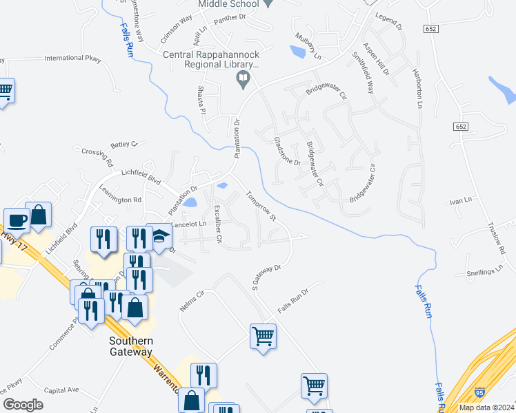 map of restaurants, bars, coffee shops, grocery stores, and more near 112 England Pointe Drive in Fredericksburg