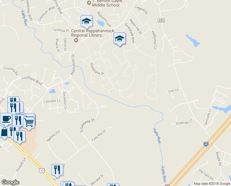 map of restaurants, bars, coffee shops, grocery stores, and more near 186 Bridgewater Circle in Fredericksburg