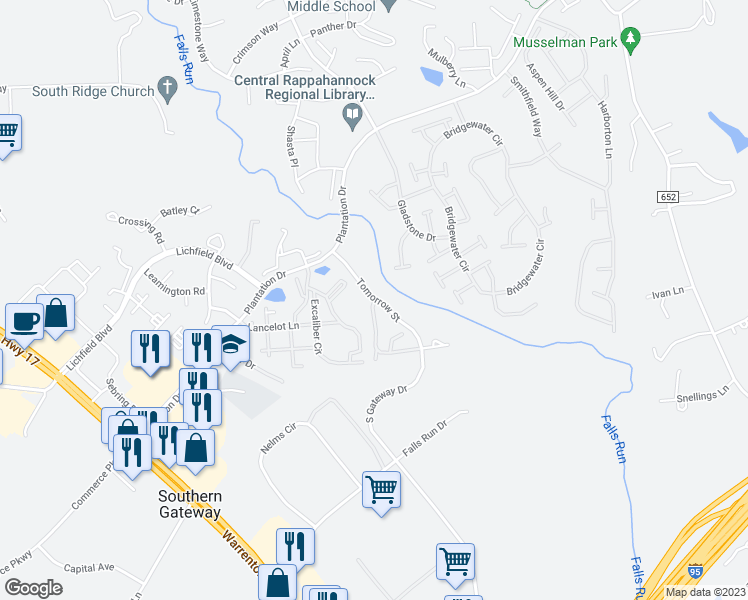 map of restaurants, bars, coffee shops, grocery stores, and more near 110 England Pointe Drive in Fredericksburg