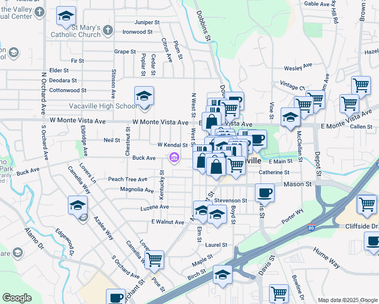 map of restaurants, bars, coffee shops, grocery stores, and more near 100 Main Street in Vacaville