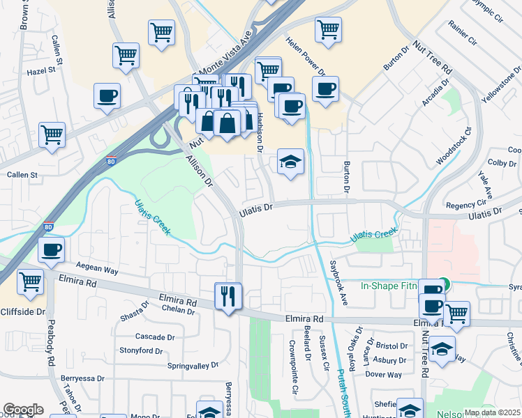map of restaurants, bars, coffee shops, grocery stores, and more near 1100 Ulatis Drive in Vacaville