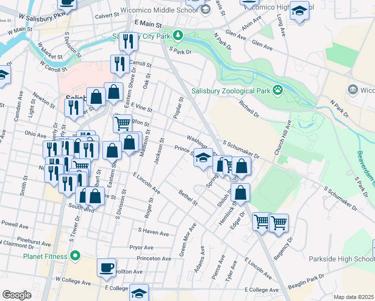 map of restaurants, bars, coffee shops, grocery stores, and more near 400 Prince Street in Salisbury