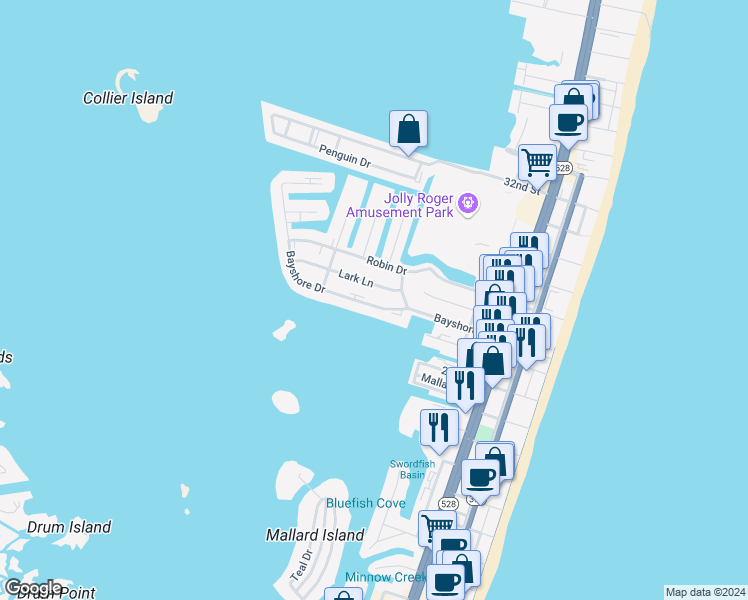 map of restaurants, bars, coffee shops, grocery stores, and more near 409 Bayshore Drive in Ocean City