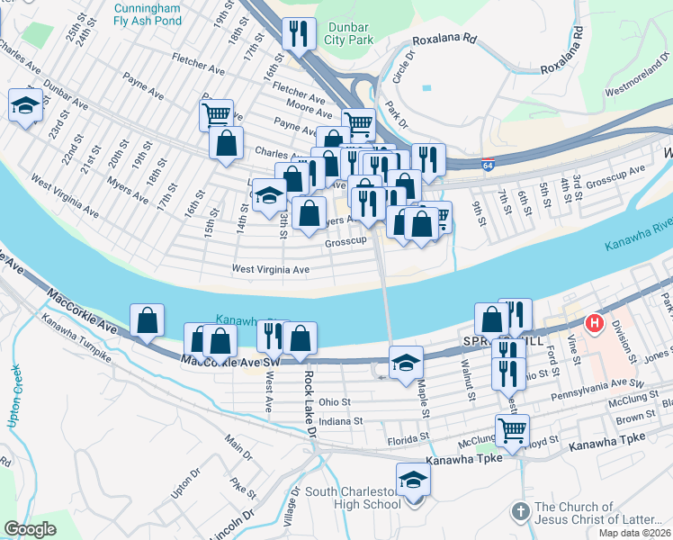 map of restaurants, bars, coffee shops, grocery stores, and more near 1200 12th St in Dunbar