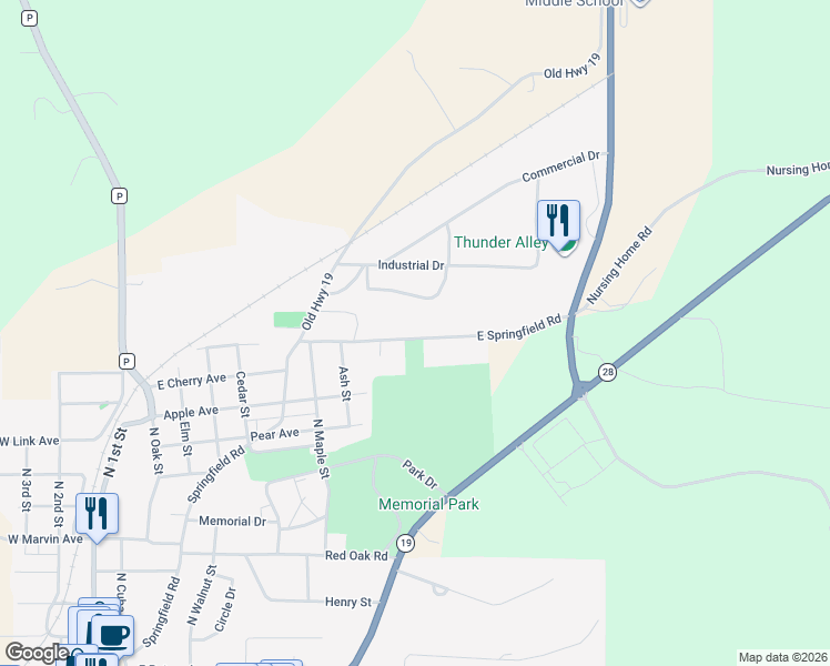 map of restaurants, bars, coffee shops, grocery stores, and more near 1023 East Springfield Road in Owensville