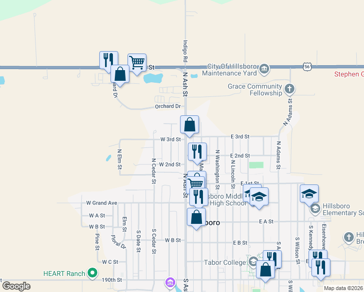 map of restaurants, bars, coffee shops, grocery stores, and more near 153-199 West 2nd Street in Hillsboro