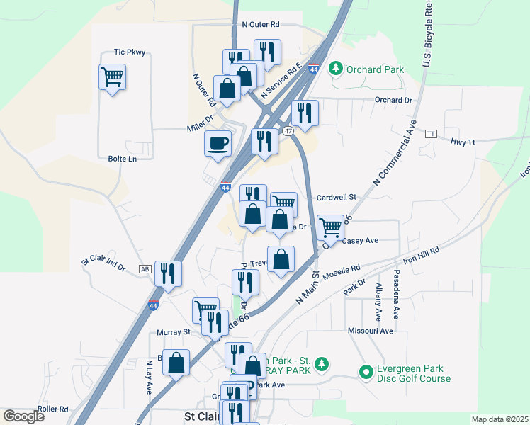map of restaurants, bars, coffee shops, grocery stores, and more near Saint Clair Plaza Court North in Saint Clair