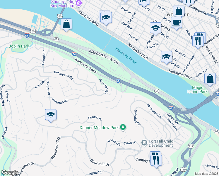 map of restaurants, bars, coffee shops, grocery stores, and more near 606 Wayside Drive in Charleston