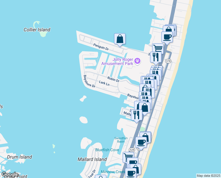 map of restaurants, bars, coffee shops, grocery stores, and more near 423 Robin Drive in Ocean City