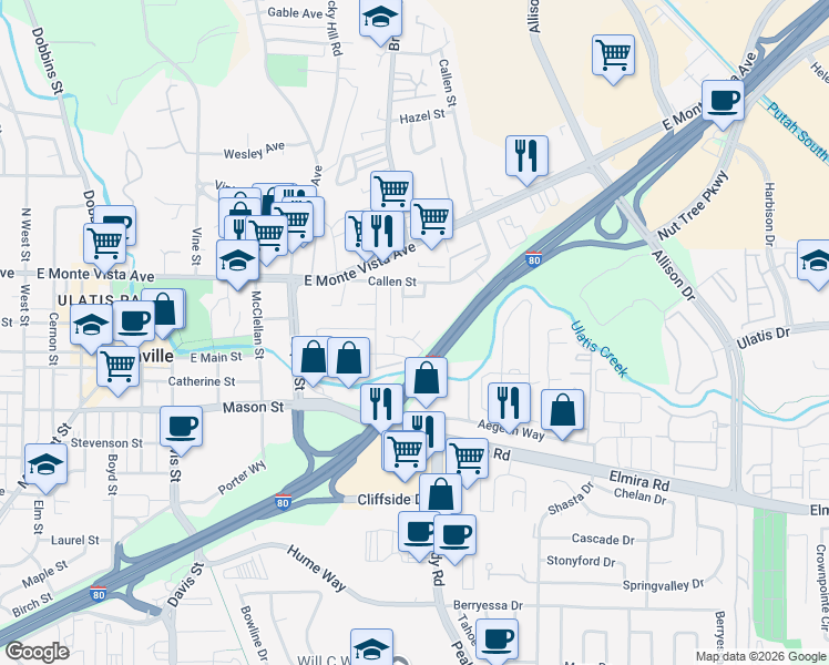 map of restaurants, bars, coffee shops, grocery stores, and more near 554 Chaparral Loop in Vacaville