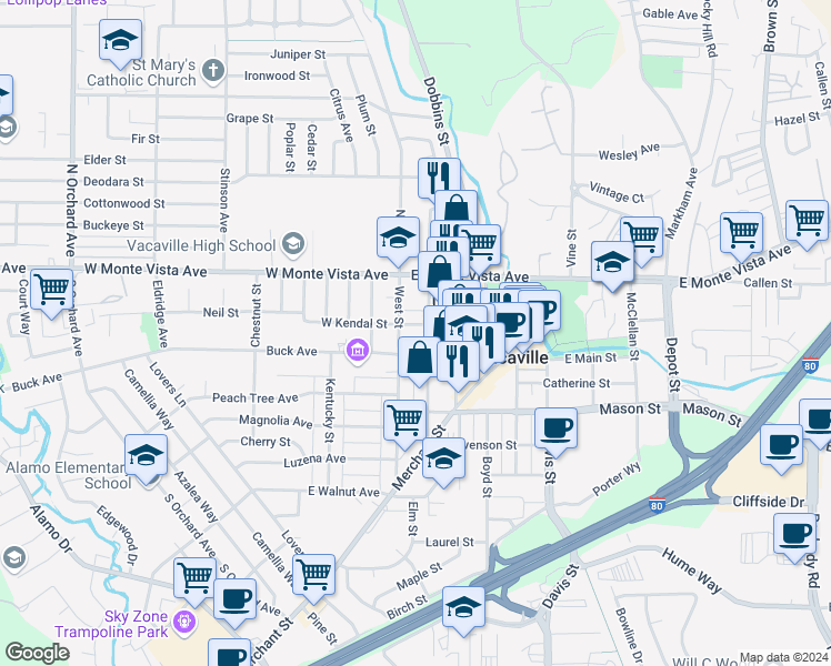 map of restaurants, bars, coffee shops, grocery stores, and more near 137 West Street in Vacaville
