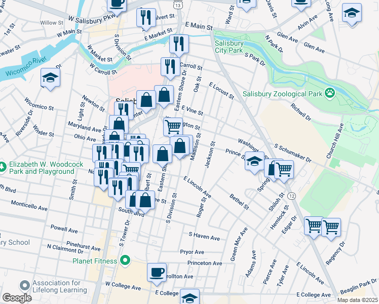 map of restaurants, bars, coffee shops, grocery stores, and more near 700 Madison Street in Salisbury