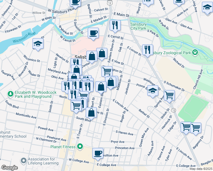 map of restaurants, bars, coffee shops, grocery stores, and more near 701 Webster Street in Salisbury