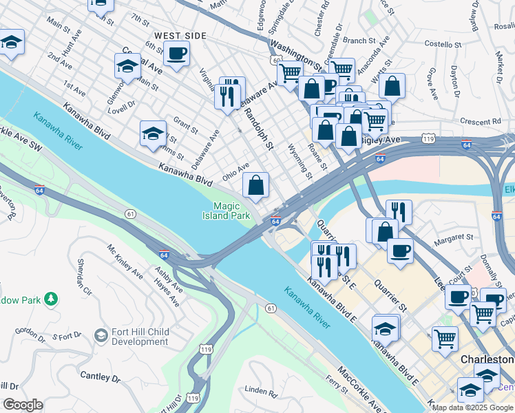 map of restaurants, bars, coffee shops, grocery stores, and more near 12 Virginia Street West in Charleston