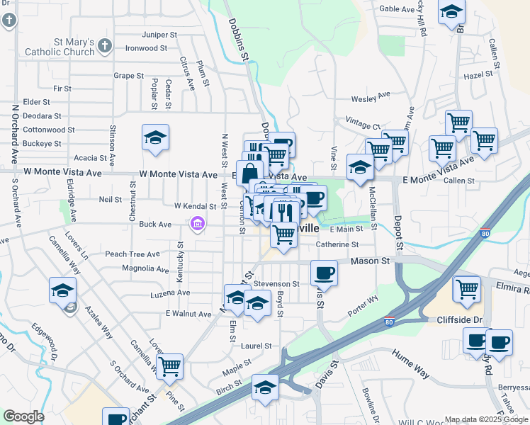 map of restaurants, bars, coffee shops, grocery stores, and more near 141A Parker Street in Vacaville