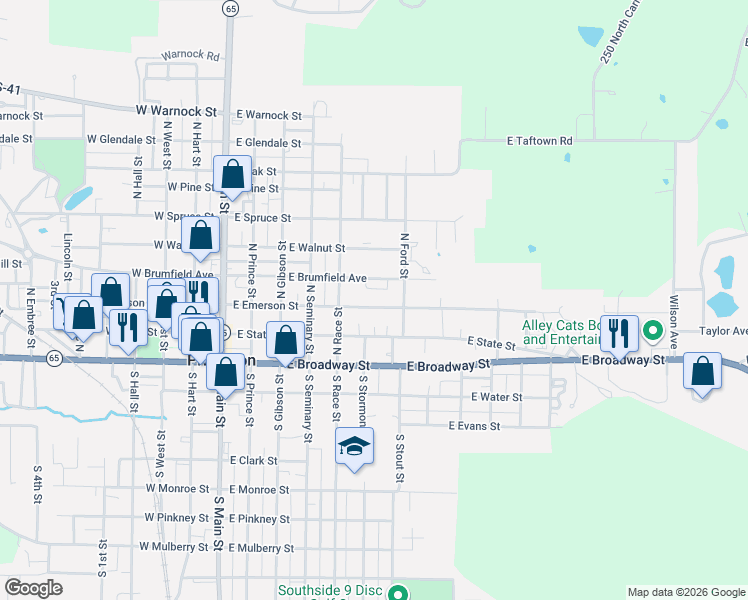 map of restaurants, bars, coffee shops, grocery stores, and more near 523 East Brumfield Avenue in Princeton