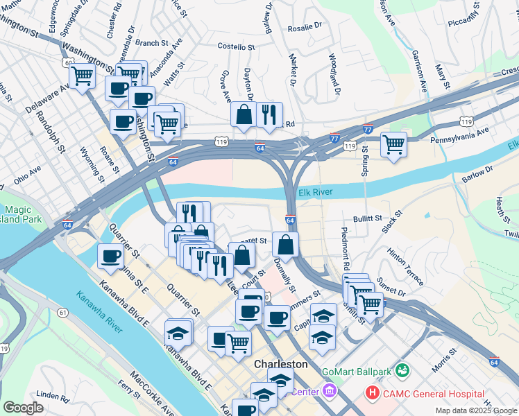 map of restaurants, bars, coffee shops, grocery stores, and more near 643 Elk Drive in Charleston