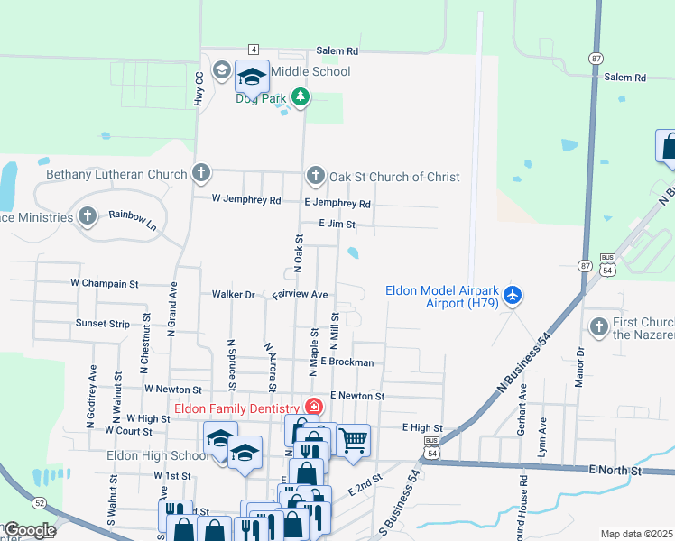 map of restaurants, bars, coffee shops, grocery stores, and more near 600-698 North Maple Street in Eldon