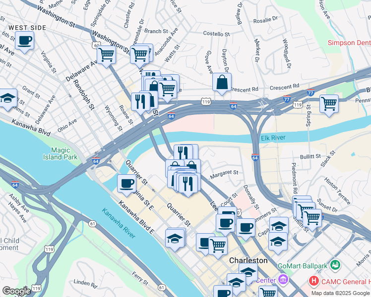 map of restaurants, bars, coffee shops, grocery stores, and more near 100 ዋሺንግቶን መንገድ ምስራቅ in Charleston