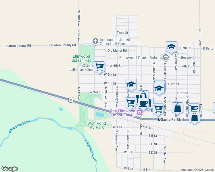map of restaurants, bars, coffee shops, grocery stores, and more near 300-398 West 4th Street in Ellinwood