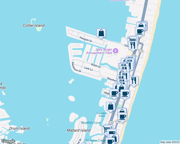 map of restaurants, bars, coffee shops, grocery stores, and more near 412 Bayshore Drive in Ocean City