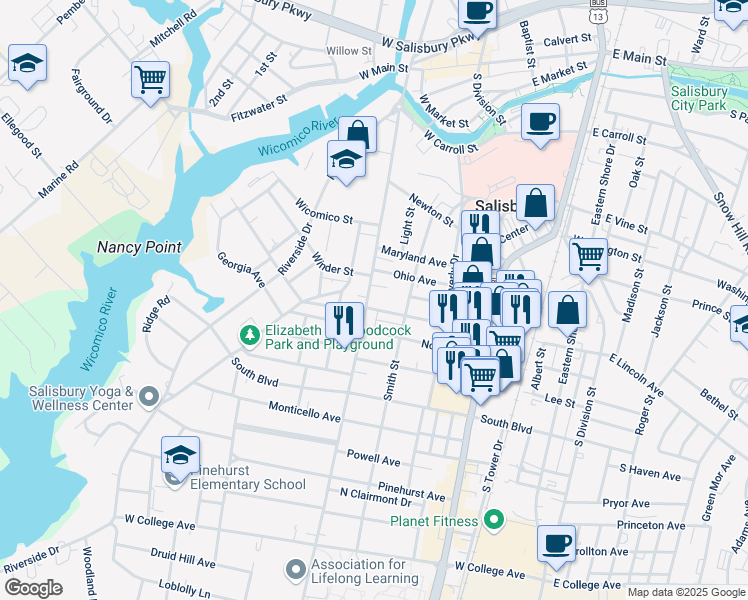 map of restaurants, bars, coffee shops, grocery stores, and more near 310 Ohio Avenue in Salisbury