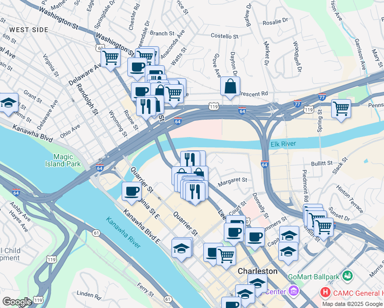 map of restaurants, bars, coffee shops, grocery stores, and more near 100 워싱턴 스트리트 이스트 in Charleston