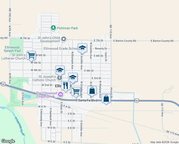 map of restaurants, bars, coffee shops, grocery stores, and more near 400-498 East 4th Street in Ellinwood
