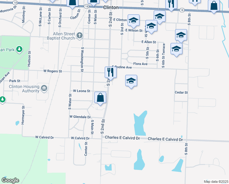map of restaurants, bars, coffee shops, grocery stores, and more near 1112 South 2nd Street in Clinton