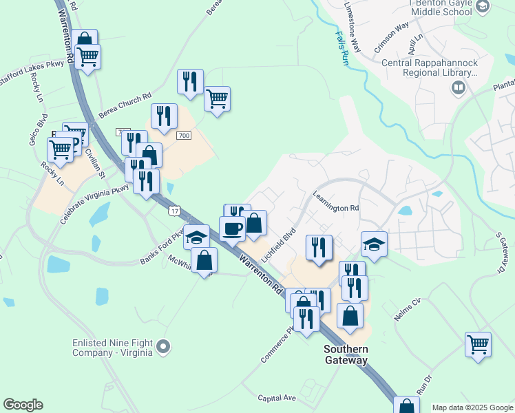 map of restaurants, bars, coffee shops, grocery stores, and more near 2500 Green Tree Road in Fredericksburg