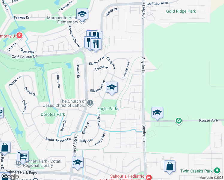 map of restaurants, bars, coffee shops, grocery stores, and more near 1125 Emily Avenue in Rohnert Park