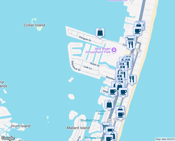 map of restaurants, bars, coffee shops, grocery stores, and more near 416 Bayshore Drive in Ocean City