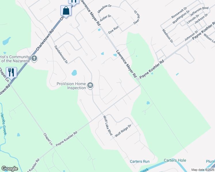 map of restaurants, bars, coffee shops, grocery stores, and more near 3134 White Blossom Cir in New Albany