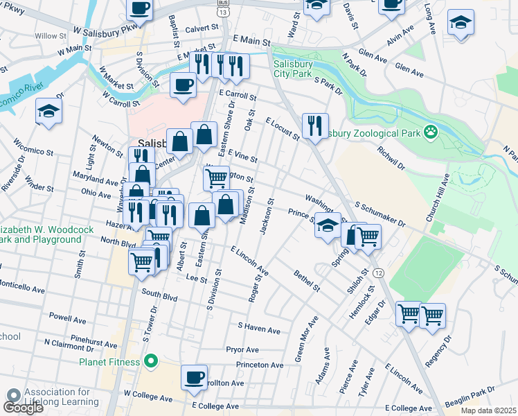 map of restaurants, bars, coffee shops, grocery stores, and more near 700 Madison Street in Salisbury