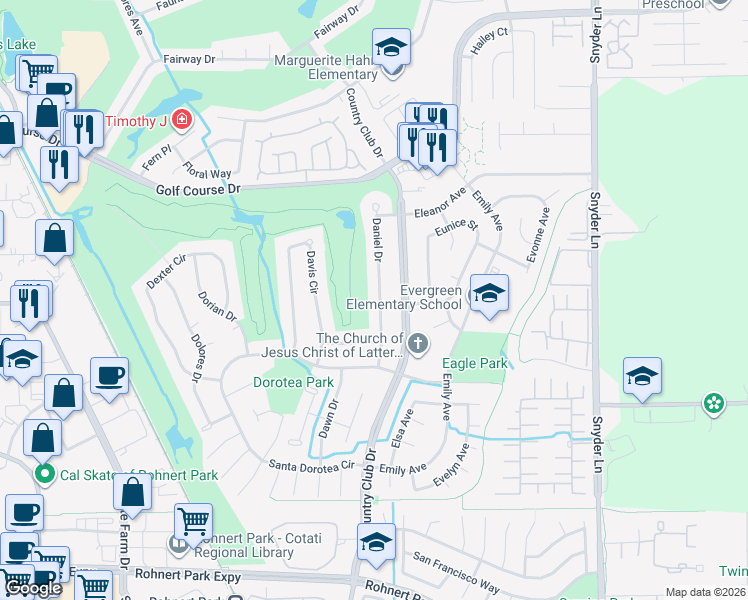 map of restaurants, bars, coffee shops, grocery stores, and more near 5551 Daniel Drive in Rohnert Park