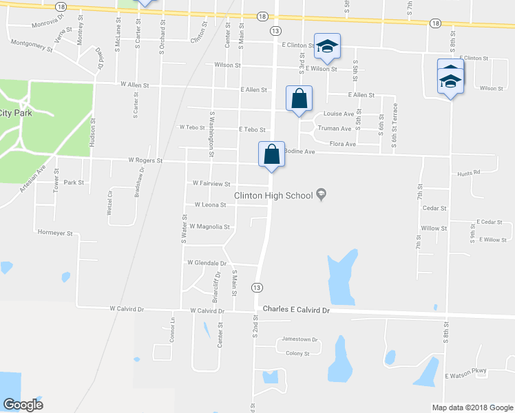 map of restaurants, bars, coffee shops, grocery stores, and more near 112 East Leona Street in Clinton