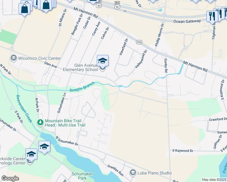 map of restaurants, bars, coffee shops, grocery stores, and more near 504-A Glenhurst Court in Salisbury